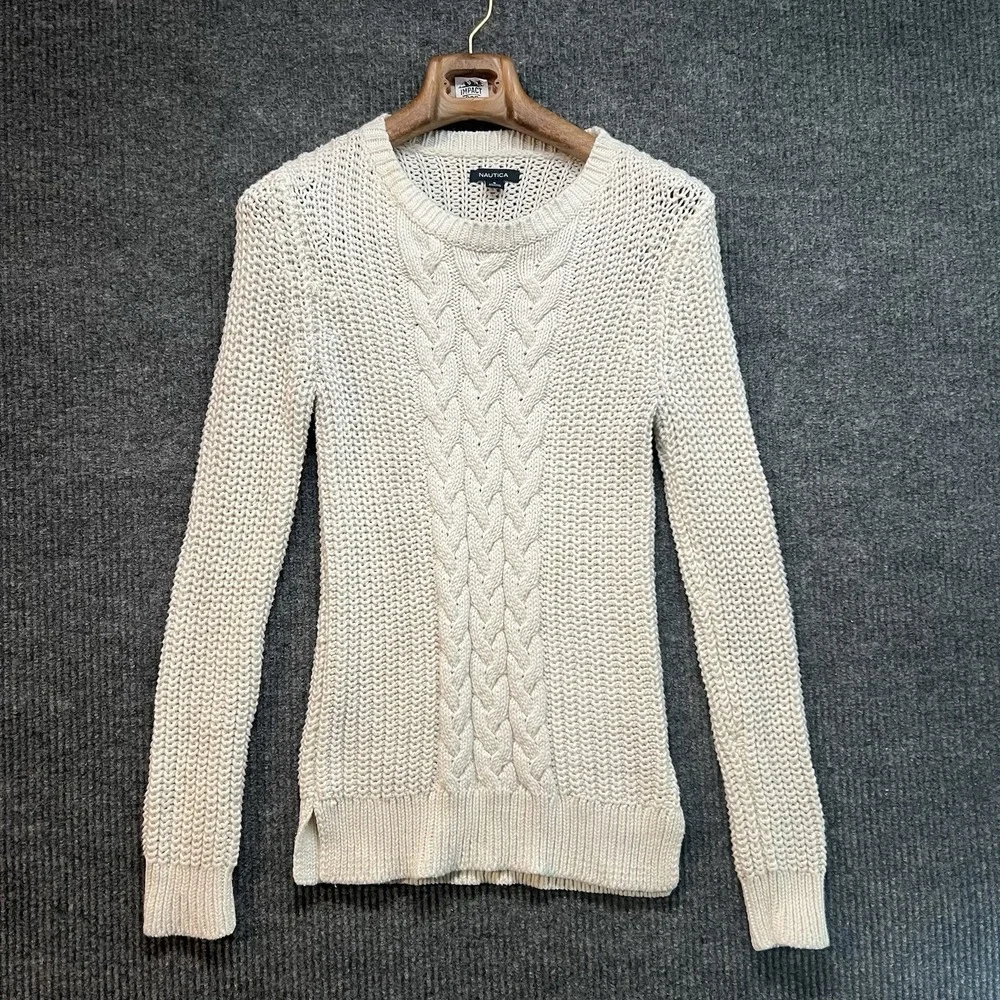 Nautica Sweater Womens Small‎ White Cable Knit Long Sleeves Round Neck Stretchy